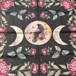 Tarot Card cloth Floral Raven Wall Tapestry - Black Pink 19” x 19” moon roses